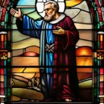 A stained-glass window depicting a priest expelling a figure from the church. - excommunication