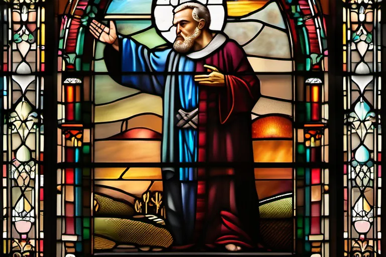 A stained-glass window depicting a priest expelling a figure from the church. - excommunication