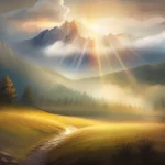 A serene mountain landscape with a ray of sunlight breaking through the clouds, symbolizing hope and faith. - faith over fear