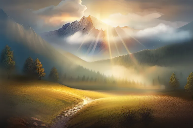 A serene mountain landscape with a ray of sunlight breaking through the clouds, symbolizing hope and faith. - faith over fear