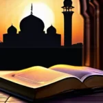 A beautiful mosque at sunset with a book on Fiqh open to a page illustrating Islamic law. - Fiqh in Islam