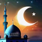 A serene image of a mosque at sunset with the crescent moon and star symbolizing Allah. - Allah in Islam