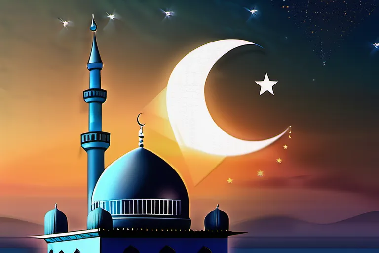 A serene image of a mosque at sunset with the crescent moon and star symbolizing Allah. - Allah in Islam