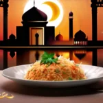 A visually appealing cover image featuring a beautiful mosque at sunset with the crescent moon, representing the Islamic faith, and a plate of Halal food to symbolize dietary laws. - What is Halal in Islam