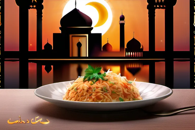 A visually appealing cover image featuring a beautiful mosque at sunset with the crescent moon, representing the Islamic faith, and a plate of Halal food to symbolize dietary laws. - What is Halal in Islam