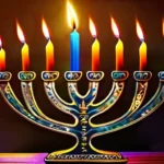 A vibrant menorah with nine candles lit, representing the festival of Hanukkah. - Hanukkah