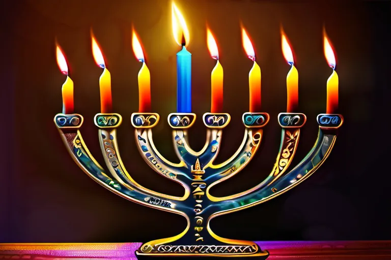 A vibrant menorah with nine candles lit, representing the festival of Hanukkah. - Hanukkah