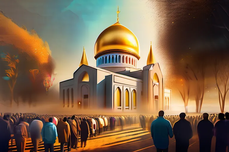 A vibrant, diverse crowd gathered at a place of worship with a large golden dome in the background. - Largest Religion in the World