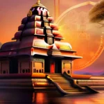 Create an image showcasing an intricate temple against a serene sunset backdrop, with Hindu symbols like the om symbol, a lotus flower, and deities adorning the architecture. - Hinduism, Religion, Beliefs, Practices, Culture