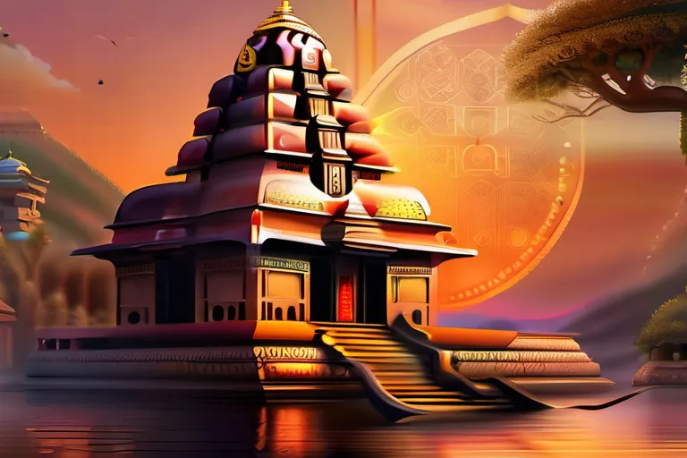 Create an image showcasing an intricate temple against a serene sunset backdrop, with Hindu symbols like the om symbol, a lotus flower, and deities adorning the architecture. - Hinduism, Religion, Beliefs, Practices, Culture