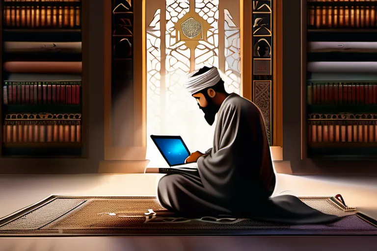 A scholar deep in thought, surrounded by ancient Islamic texts and a modern laptop, symbolizing the blending of tradition and innovation in Ijtihad. - Ijtihad in Islam