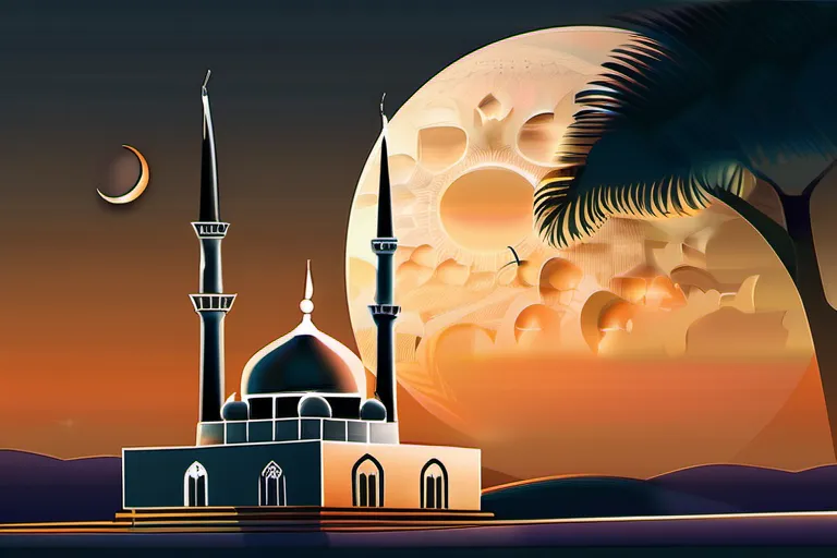 A serene mosque at sunset with a full moon rising in the background. - Islam Religion