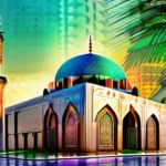 A vibrant, colorful image showcasing a mosque with a modern bank building in the foreground, symbolizing the blend of tradition and innovation in Islamic banking. - Islamic Banking Guide