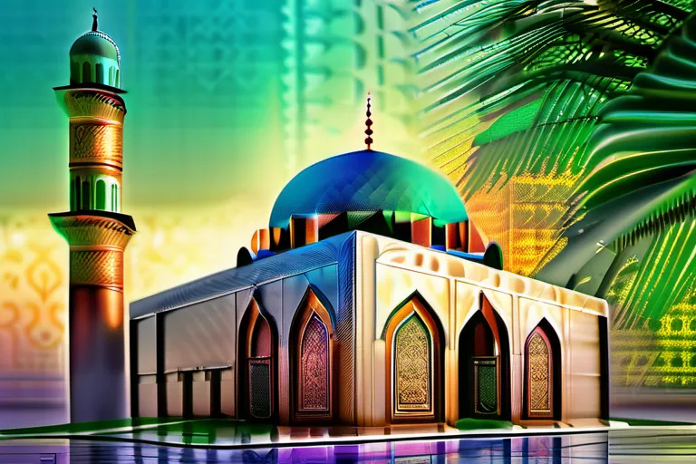 A vibrant, colorful image showcasing a mosque with a modern bank building in the foreground, symbolizing the blend of tradition and innovation in Islamic banking. - Islamic Banking Guide