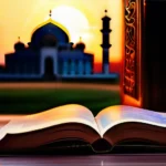 A beautiful mosque at sunset with a book on Islamic jurisprudence open to a page illustrating various aspects of the field. - Islamic Jurisprudence