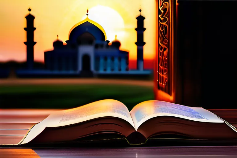 A beautiful mosque at sunset with a book on Islamic jurisprudence open to a page illustrating various aspects of the field. - Islamic Jurisprudence