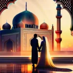 A beautiful mosque at sunset with a couple standing in traditional Muslim wedding attire. - Islamic Marriage Guide