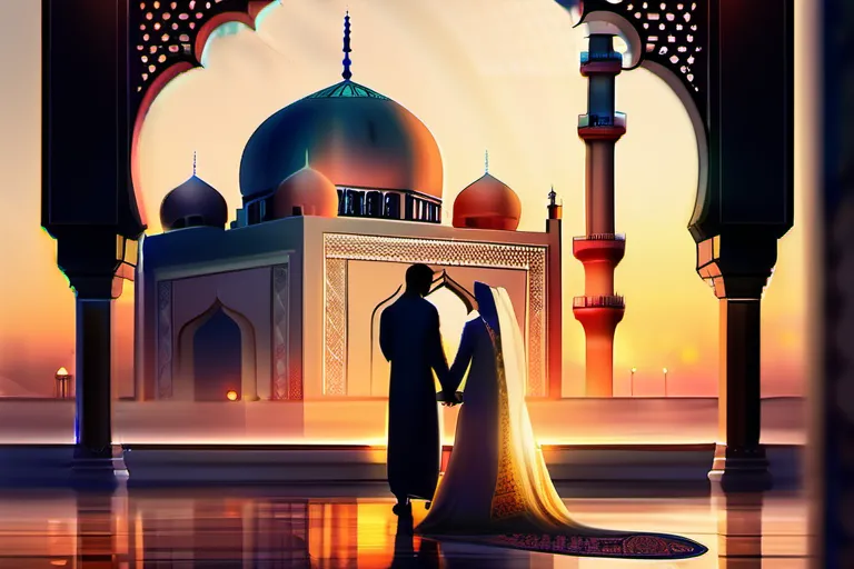 A beautiful mosque at sunset with a couple standing in traditional Muslim wedding attire. - Islamic Marriage Guide