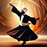 A serene image of a Sufi dervish spinning in a whirling dance, symbolizing the ecstatic union with the divine. - Islamic Mysticism