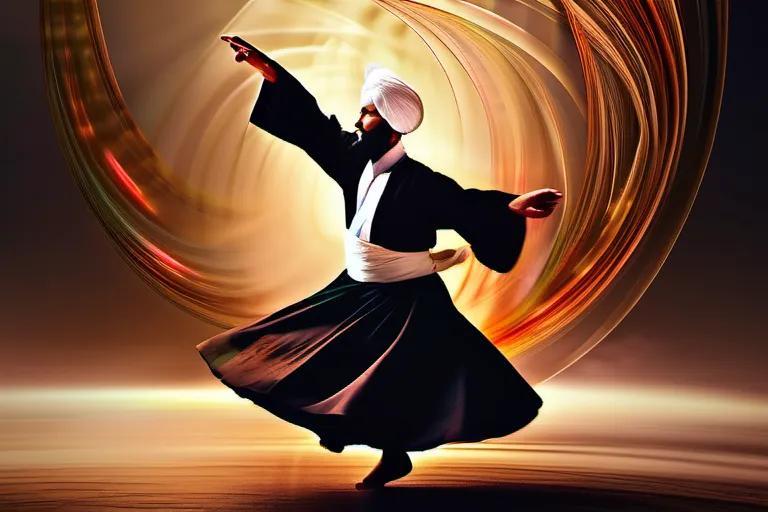 A serene image of a Sufi dervish spinning in a whirling dance, symbolizing the ecstatic union with the divine. - Islamic Mysticism