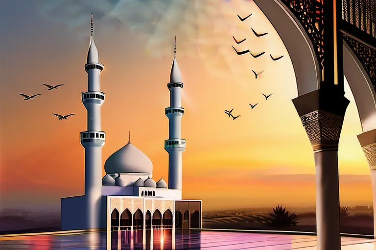 A serene mosque at sunset, with a minaret reaching towards the heavens, symbolizing the connection between Muslims and Allah through prayer. - Islamic Prayer Guide