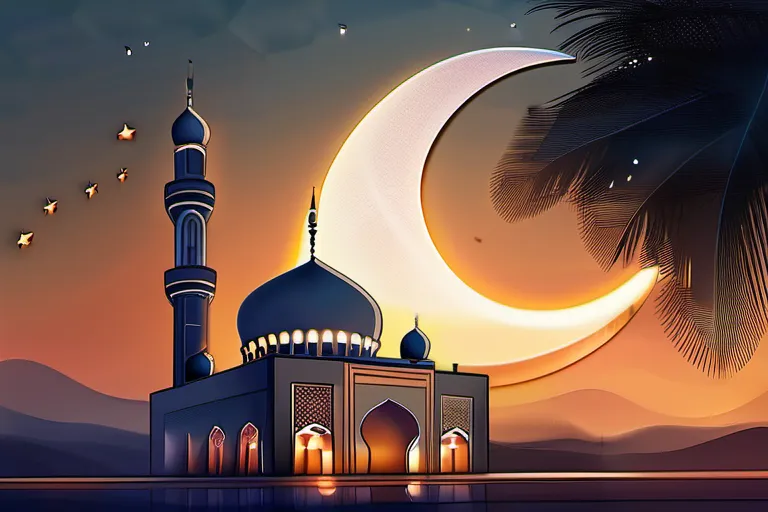 A serene mosque at sunset with a crescent moon and star in the sky - Islam