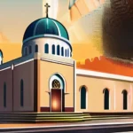 A vibrant illustration depicting a synagogue and a church side by side, symbolizing the unique blend of Judaism and Christianity in Jewish Christianity. - Jewish Christianity