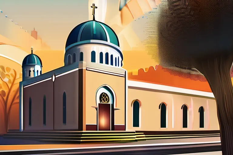 A vibrant illustration depicting a synagogue and a church side by side, symbolizing the unique blend of Judaism and Christianity in Jewish Christianity. - Jewish Christianity