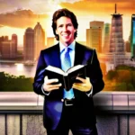 A visually appealing cover image featuring a smiling Joel Osteen with a Bible in hand, standing against a backdrop of a vibrant city skyline. - Joel Osteen