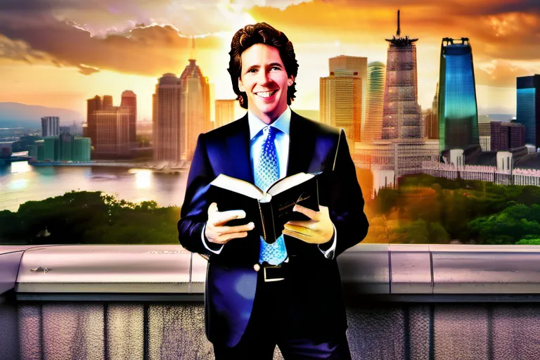 A visually appealing cover image featuring a smiling Joel Osteen with a Bible in hand, standing against a backdrop of a vibrant city skyline. - Joel Osteen