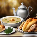 A beautifully arranged platter of kosher foods, including matzah ball soup, challah bread, and roasted chicken. - Kosher Food Guide