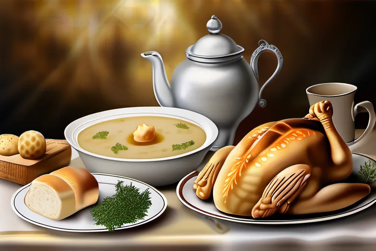 A beautifully arranged platter of kosher foods, including matzah ball soup, challah bread, and roasted chicken. - Kosher Food Guide