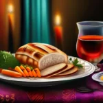 An image of a beautifully arranged kosher meal with vibrant colors and a touch of traditional Jewish symbolism. - Kosher in Judaism