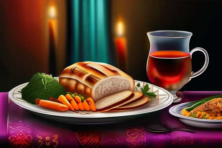 An image of a beautifully arranged kosher meal with vibrant colors and a touch of traditional Jewish symbolism. - Kosher in Judaism