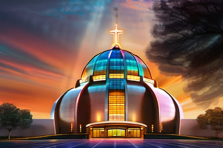 A vibrant, high-resolution image of Lakewood Church's iconic dome, with a sunset in the background. - Lakewood Church