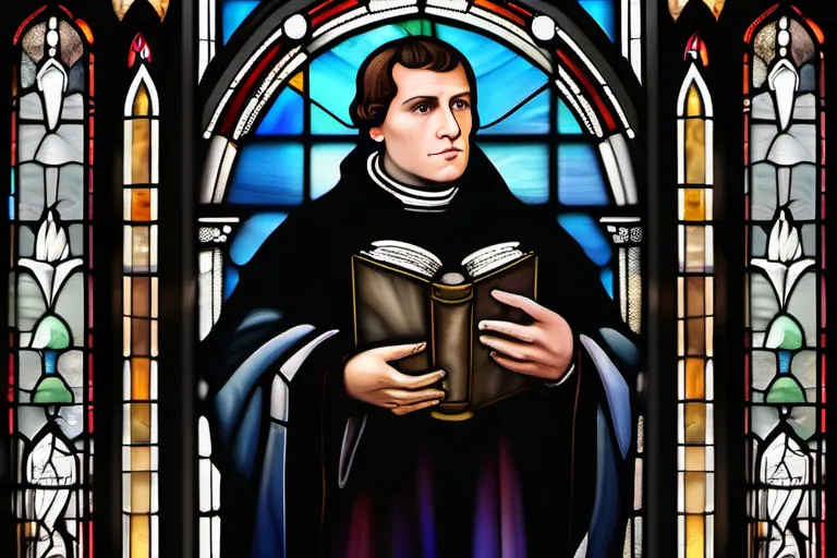 A stained-glass window depicting Martin Luther with a Bible in hand, symbolizing his role in shaping Lutheran beliefs. - Lutheran Beliefs