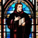 A stained-glass window depicting Martin Luther and a cross against a backdrop of a church interior. - Lutheran Church Beliefs