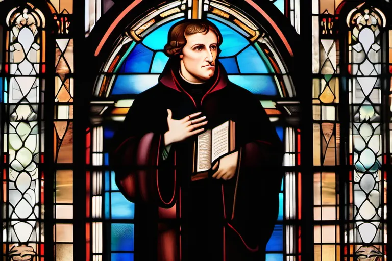 A stained-glass window depicting Martin Luther and a cross against a backdrop of a church interior. - Lutheran Church Beliefs