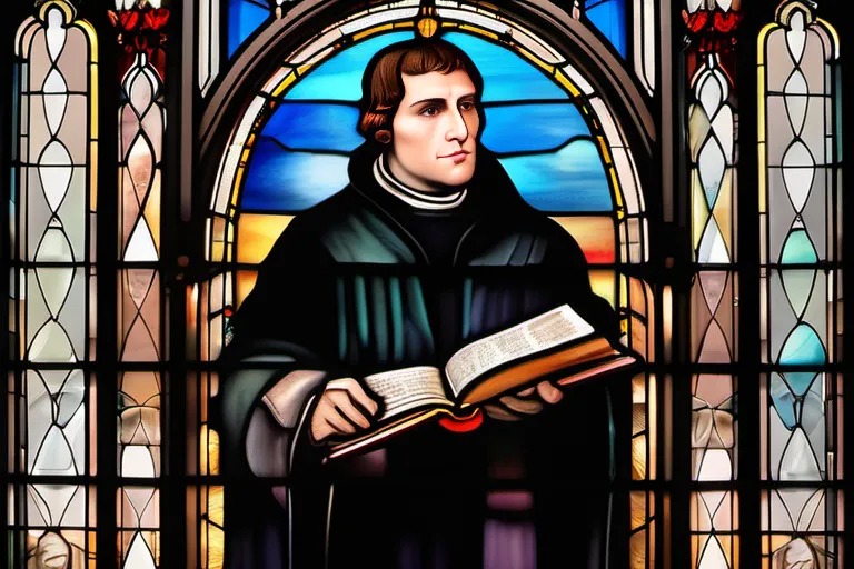 A stained-glass window depicting Martin Luther and a Lutheran church. - Lutheran Churches