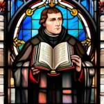 A stained-glass window depicting Martin Luther and key symbols of Lutheranism. - Lutheranism