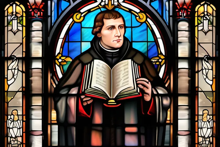 A stained-glass window depicting Martin Luther and key symbols of Lutheranism. - Lutheranism