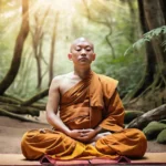 A serene image of a Buddhist monk meditating in a tranquil forest setting. - meditation, Buddhism