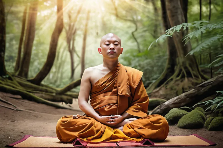 A serene image of a Buddhist monk meditating in a tranquil forest setting. - meditation, Buddhism