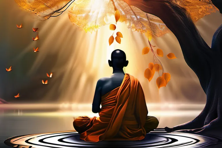 A serene image showcasing a calm Buddhist monk meditating under a Bodhi tree. - meditation in buddhism