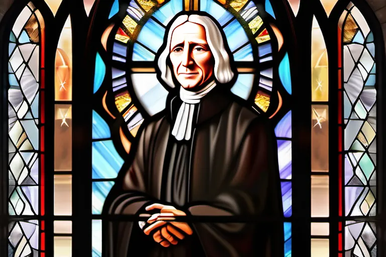 A stained-glass window depicting John Wesley, the founder of the Methodist Church, with the church's symbol in the background. - Methodist Church Beliefs