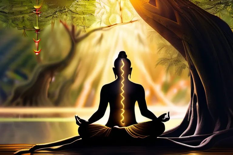 A serene image depicting a peaceful yogi meditating under a banyan tree, symbolizing the pursuit of Moksha in Hinduism. - Moksha Hinduism