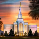 A serene image of a beautiful LDS temple at sunset, with the words 'Mormon Beliefs' written in elegant script above. - mormonism beliefs