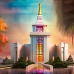 A serene image of a beautiful temple with vibrant colors representing the diversity within the Mormon Church. - Mormon Church Beliefs