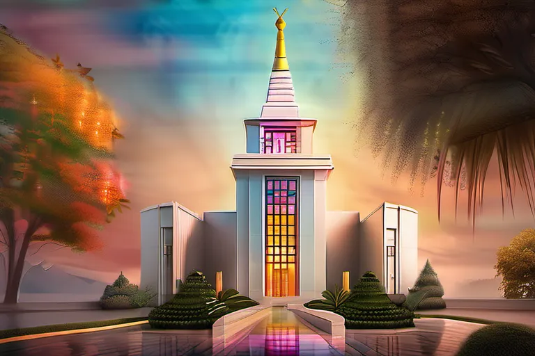 A serene image of a beautiful temple with vibrant colors representing the diversity within the Mormon Church. - Mormon Church Beliefs