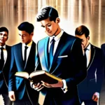 A group of young men in suits standing together with a scripture book, smiling and looking determined. - Mormon Missionaries